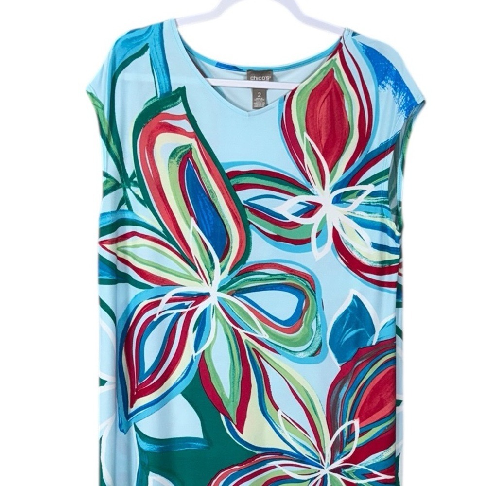 Chicos Floral Midi Dress Large Beachy Coastal Blue Resort Vacation Euro Summer - Picture 3 of 7
